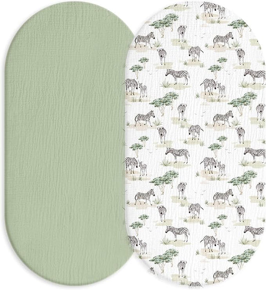 Muslin Bassinet Fitted Sheets, 2 Pack for Baby Boy and Girl, Soft Breathable Baby Pad/Mattress Sheet, Fit for Hourglass Oval and Rectangle Bassinet Mattress (Cute Zebra)