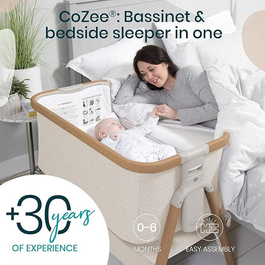 Tutti Bambini CoZee® 2-in-1 Baby Bassinet & Bedside Sleeper - Fast-Folding Bedside Bassinet, Baby Crib with 6 Mattress Heights & Breathable Mesh Window, Mattress Included, 0-6 Months (Walnut & Ecru)
