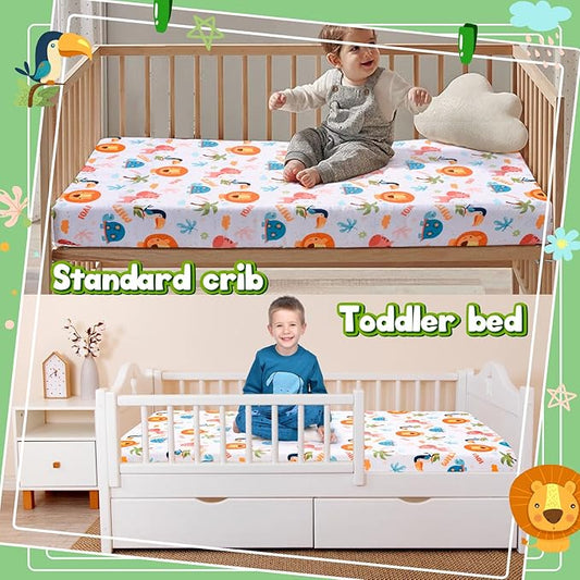 UOMNY Crib Sheet 52x28 Baby Sheet for Girls Boys,Breathable Animal Jungle Fitted Crib Sheet for Standard Crib and Toddler Mattress Soft Toddler Sheet