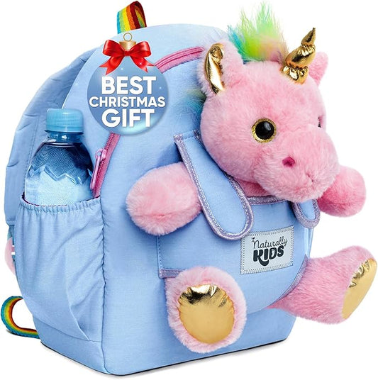 Naturally KIDS 【Upgraded】 Medium Backpack w Removable Pink Unicorn Toy for Girls Age 4-7 | Side & Inner Pockets, Reflective Logo, Name Tag | Unicorn Gifts for 5 Year Old Girls – Medium size