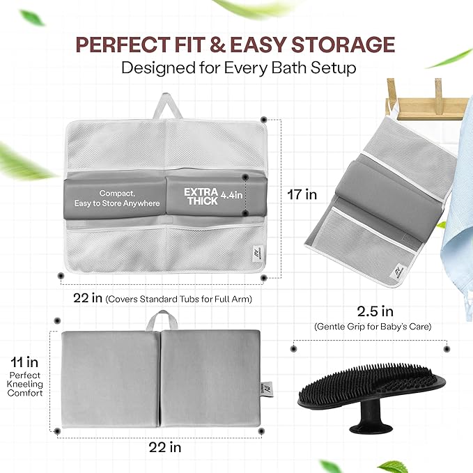 Baby Bath Kneeler & Elbow Rest Pad Set | Extra Thick 1.5” Foam That Relieves Knee & Elbow Pressure | Non-Slip Suction Stability | Machine Washable, Quick-Dry | Brush & Washcloth Gift Included