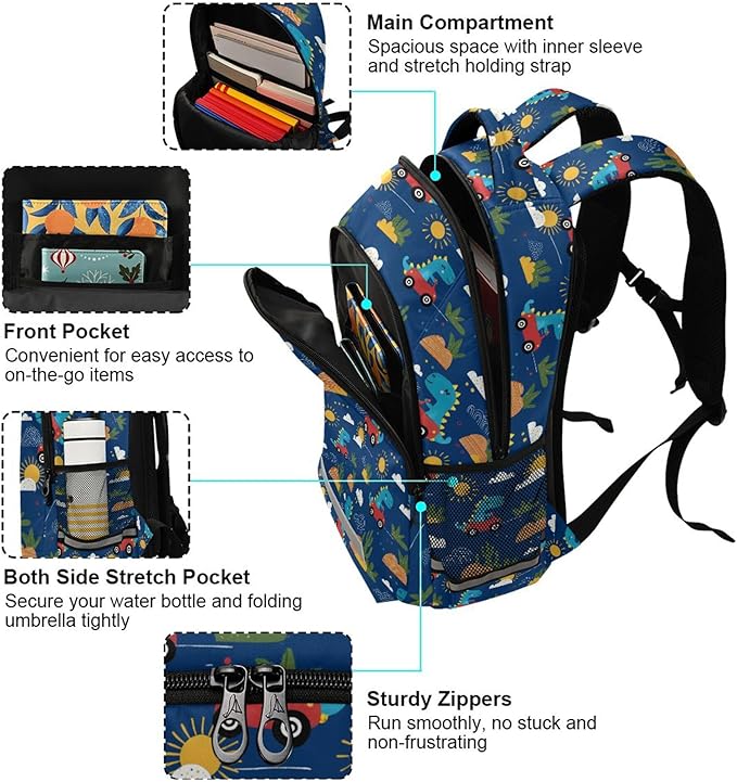 MNSRUU School Backpack with Chest Strap, Dinosaurs Cute Kids Pattern Laptop Backpack, Travel Hiking Backpack for Boys Girls, Rucksack, Knapsack