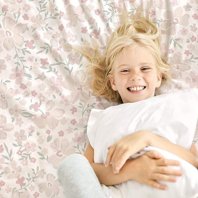MakeMake Organics Organic Twin Fitted Sheet Set GOTS Certified Organic Cotton Fitted Sheet with 1 Pillowcase Ultra Soft Non Toxic Breathable Hypoallergenic (40"X76", Blossom)