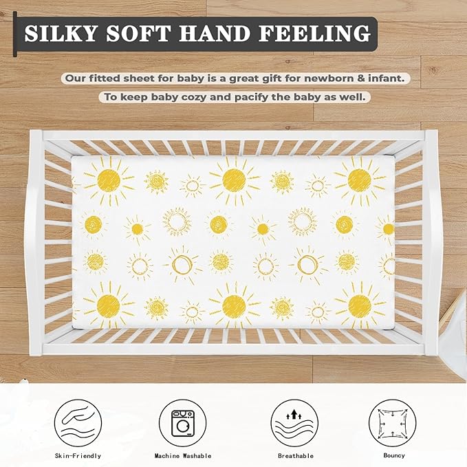 Yellow and White Sun Fitted Crib Sheet for Boys Girls Sunny Boho Bohemian Celestial Sky Baby Sheet for Standard Crib and Toddler Sunshine Nursery Bed Mattress Sheets 28"x52"
