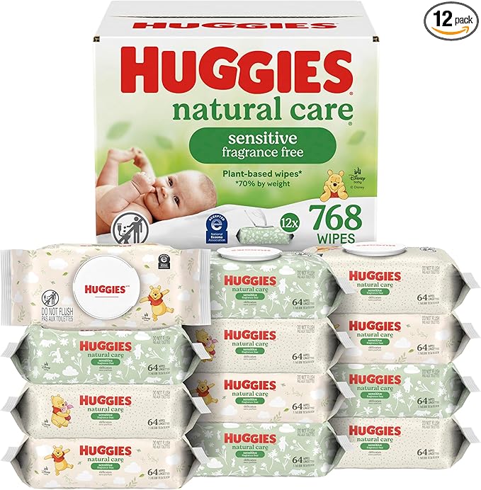 Huggies Natural Care Sensitive Baby Wipes, Unscented, Hypoallergenic, 99% Purified Water, 12 Flip-Top Packs (768 Wipes Total), Packaging May Vary