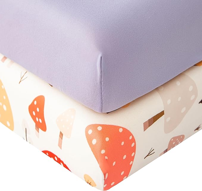 SDIII 2 Pack Mushroom Crib Sheets for Boys Girls 52×28 Stretchy Microfiber Jersey Knit Fall Fitted Crib Sheet for Standard Crib and Toddler Mattress
