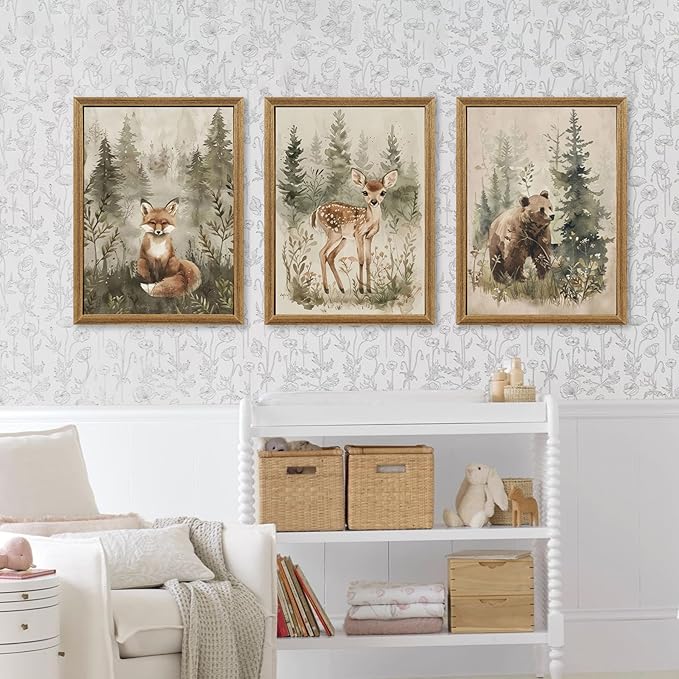 ICHZUMW Woodland Nursery Decor Wall Art Set of 3, Cute Forest Animals Canvas Prints Bear Fox Deer Pictures, Nature Watercolor Paintings for Baby Room Kids Bedroom Playroom, Neutral Artwork, 16x24in