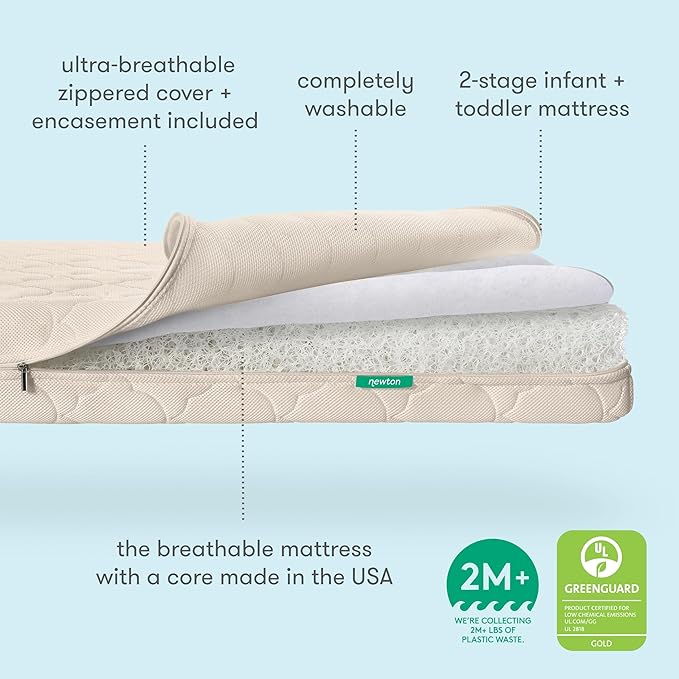 Newton Baby Crib Mattress and Toddler Bed - Ultra-Breathable Proven to Reduce Suffocation Risk, Washable Core & Cover, 2-Stage, Plush 5.5" Thick - Sandstone
