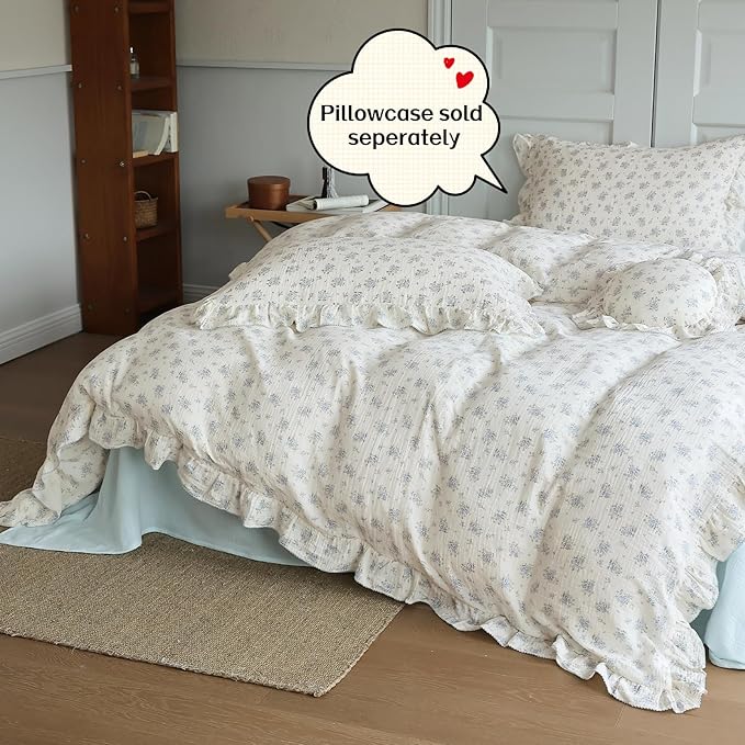 BuLuTu Blue Freesia Pattern Duvet Cover King, 2 Layers Cotton Muslin Quilt Cover with Zipper, Shabby Chic Ruffled Comforter Cover 90"x104" Floral Design Bedding, No Pillow, Machine Wash