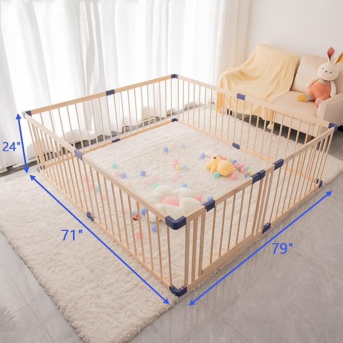 Wooden Baby Playpen Activity Center, Foldable Playpen for Babies and Toddlers, Extra Large Baby Fence Play Area with Safety Gate for Indoor Use, Corrales Para Bebes, 70.90"X 78.80"X 24",8-Panel w/Gate