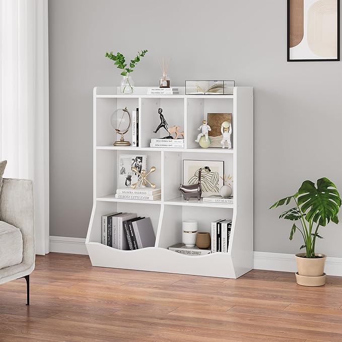 GarveeHome White Toy Storage Cabinet, Three-Tier Kids Bookshelf and Bookcase for Storage Books and Toys, Multi Shelf with Cubby Organizer for Bedroom and Playroom