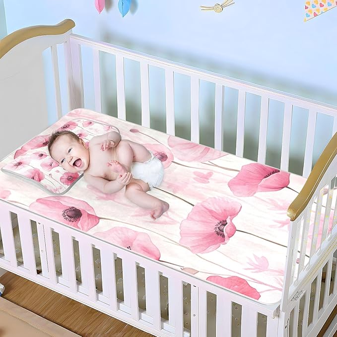 Pink Flowers Cooling Baby Mattress Protector 28" x 52" Reusable Crib Bumper Pads for Baby&Toddler