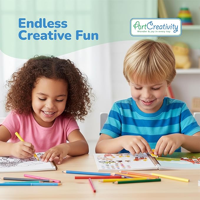 ArtCreativity Sticker Activity Book for Kids and Adults - 600+ Creative Stickers, 12 Unique Scenes & Coloring Book Pages - Toddler Road Airplane Travel Essentials - Fun Craft Gift for Boys and Girls