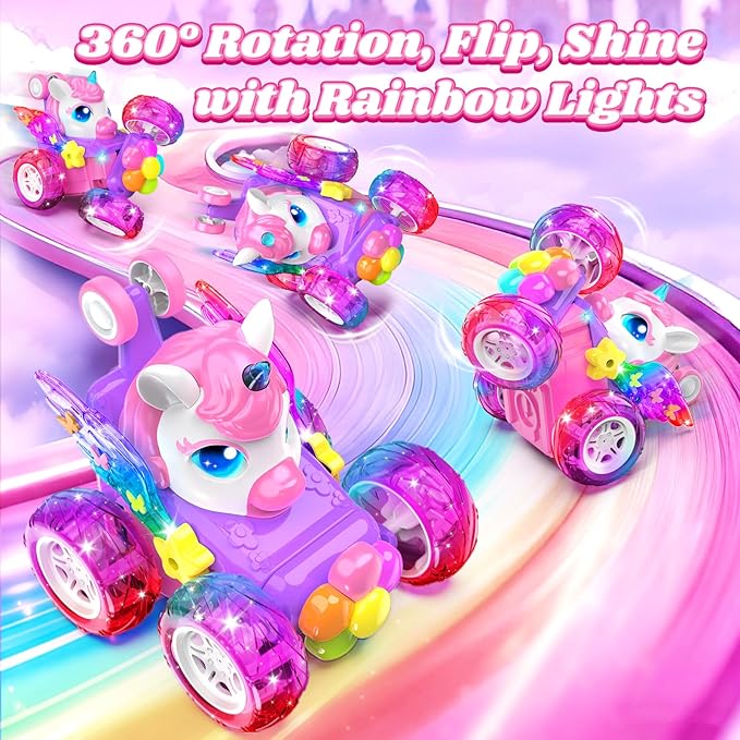 Unicorn RC Cars for Girl Toys with Glowling Crystal Wings &Eyes Lights,360°Rotation Remote Control Car Unicorn Stunt Car,Indoor Outdoor Toys Stocking Stuffers Gifts for 3 4 5 6 7 8 9+Year Old Girls