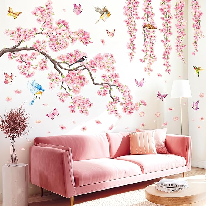 DECOWALL SG3-2320 Cherry Blossom Flower Wall Stickers Decals Branches Birds Butterflies Art Bedroom Floral Flower Girls Home Kids Living Nursery Pink Room Tree Nursery décor Baby