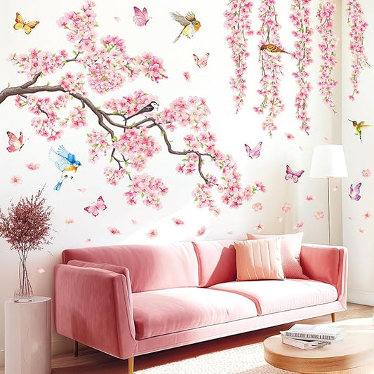 DECOWALL SG3-2320 Cherry Blossom Flower Wall Stickers Decals Branches Birds Butterflies Art Bedroom Floral Flower Girls Home Kids Living Nursery Pink Room Tree Nursery décor Baby