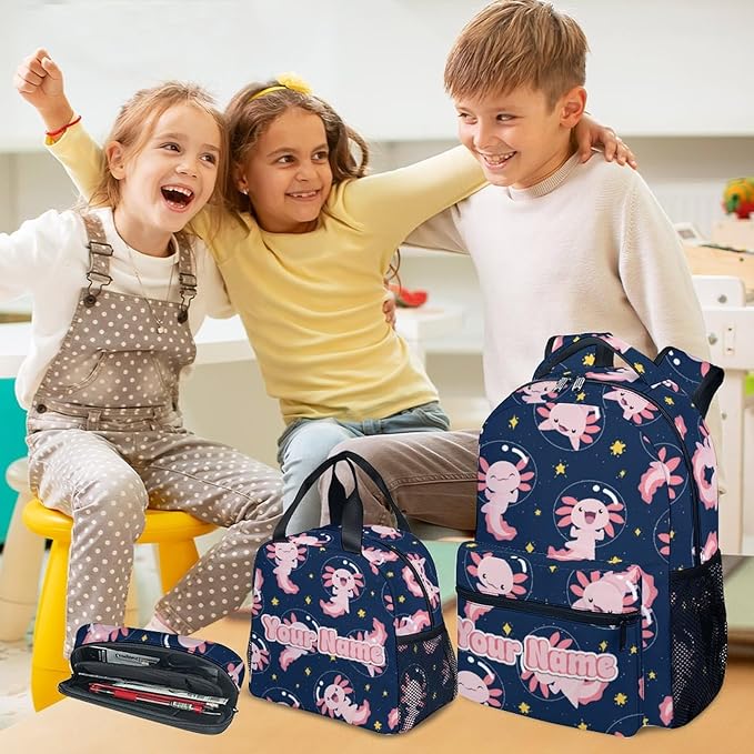 COZYAURA Custom Kids Backpack for Girls - Large Capacity School Bags with Lunch Bag Pencil Pouch Set - Cute Axolotl Bookbag for Elementary Middle School & Travel - Kid School Supplies