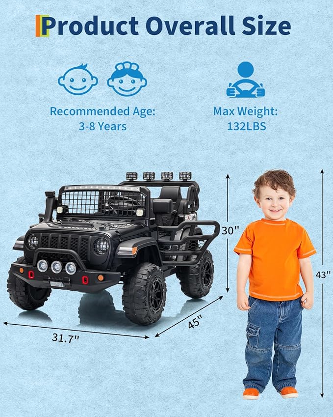 2 Seats 24V Kids Electric Ride on Car with Remote Control, 20" Large Seat with 2 Safety Belts, Two 200W Battery Powered Electric Vehicle for 3+ Years, LED Light,Music,Horn,USB Port, Riding Toy,Black