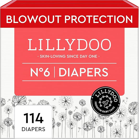 LILLYDOO Baby Diapers - Size 6 (29+ lbs), Monthly Supply (114 Count), Leak Protection, Skin-Friendly, Ultrasoft, Perfume- & Chlorine-Free, Hypoallergenic, Dermatologist Tested, Oeko-TEX®