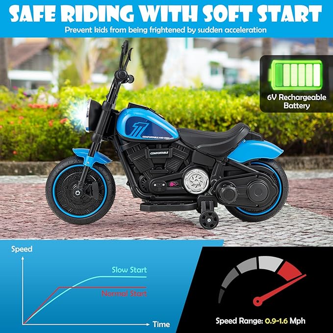 HONEY JOY Ride On Motorcycle, 6V Toddler Motorcycle with LED Light, Music, Foot Pedal, Forward/Backward, Soft Start, 3-Wheel Battery Powered Electric Motorcycle for Kids, Gift for Boys Girls (Blue)