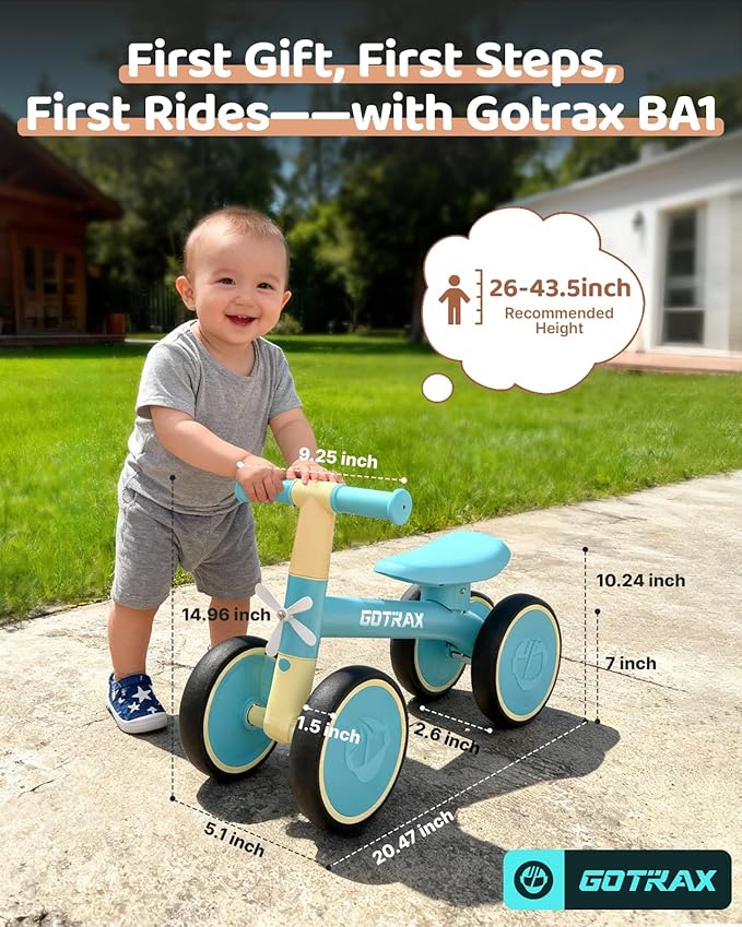 Gotrax Baby Balance Bike 1-2 Years, 7" Front & Rear Silent Wheels, Sturdy Steel Frame 66 lbs Load, Quick 2-Min Assembly, CPC Certified, Comfortable Soft Seat, Toddler Birthday Gift for Boys&Girls Blue
