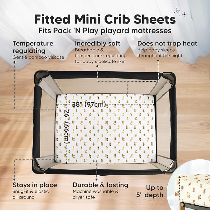 Pack and Play Sheets Fitted - 2-Pack Mini Crib Sheets for Pack N Play Mattress 38x26, Soft & Cozy, Neutral Toddler Playard Bedding, Snug Fitted Mini Baby Crib Mattress Cover Boy, Girl (Construction)