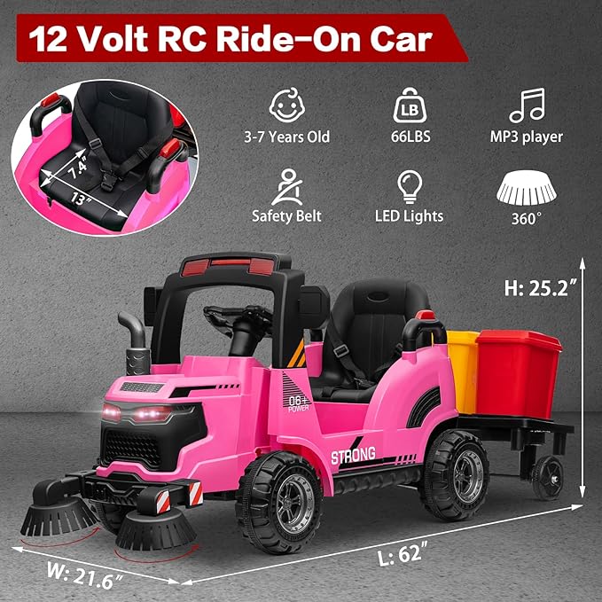 MOLACHI 12V Ride On Street Sweeper Truck, Ride on Car w/Remote Control,Electric 360 Degree Rotating Sweeping Brooms, Ideal Gift for Kids 3-7 Years Old, Pink