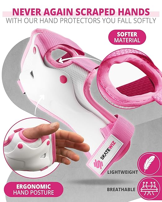 SKATEWIZ Knee Pads for Kids - Knee and Elbow Pads Set - PROTECT-1 - Size S Pink White - Wrist Guards Skating Protective Gear, Skateboard, Roller Skate, Ice Skates For Kids