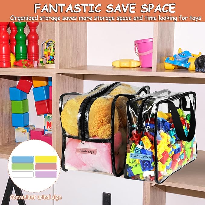 6 Packs Toy Storage Bags with Labels, Reusable Clear PVC Board Game Storage, Travel Waterproof Organizer Bags with Zipper Large Capacity (L, XL, XXL)