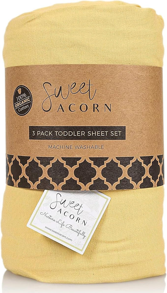 3 Piece Toddler Bedding Sets - Organic Cotton Jersey Knit - Fits Convertible Cribs and Mattresses - 9" x 28" x 52" - Butter Yellow
