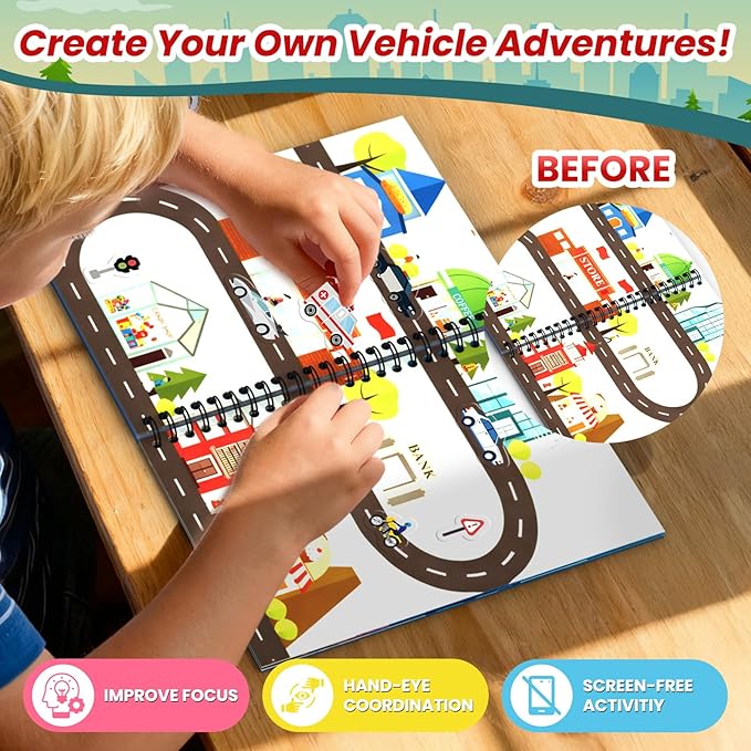 Cars Reusable Sticker Book for Toddlers, DIY Make-a-face Fun Jelly Stickers, Washable Puffy Stickers for Kids Toys, Airplane Road Trip Travel Activities Essentials for Kids 3 4 5 Years