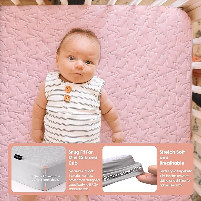 Waterproof Crib Mattress Protector: 2-Pack Quilted Toddler Mattress Pad Sheets - Soft Fitted Covers for Standard Baby Crib