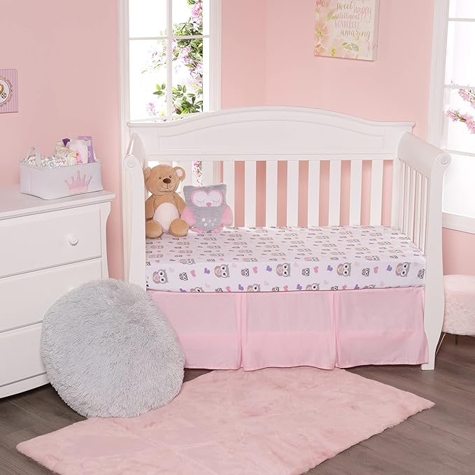 2 Pack Fitted Crib Sheets for Girls in 100% Jersey Knit Cotton – Girl’s Crib Mattress Sheets with a Nature Theme of Owls with Purple and Pink Hearts and a Gray Sheet with Pink Hearts by Everyday Kids