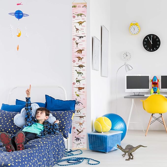 LIFELIKO Personalised Growth Chart for Dinosaur Lovers, Removable Wall Ruler for Boys and Girls, Kid’s Room Decoration (Pink)