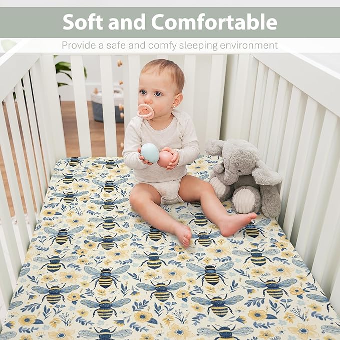 Bees Flowers Baby Crib Sheets for Boy Girl 52"x28" Vintage Bees Boho Wildflowers Soft Stretchy Fitted Crib Mattress Cover Bee Floral Spring Summer Baby Sheet Fits Crib and Toddler Bed Mattresses