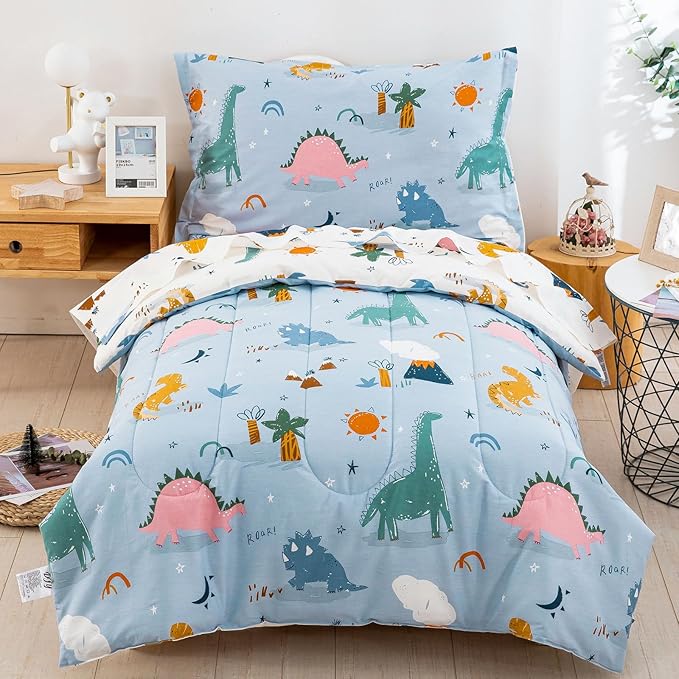 DJY 4 Pieces Cotton Toddler Bedding Set, Dinosaur Toddler Bed Comforter Set for Boys Girls, Includes Blue White Reversible Comforter, Flat Sheet, Fitted Sheet and Pillowcase