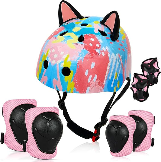 Kids Helmet, Bike Helmets for Kids 8-14 with Knee Pads and Elbow Pads Wrist Guards, Adjustable Youth Girls Bike Helmet with DIY Cat Ears Skateboard Helmet for Scooter Skating Cycling