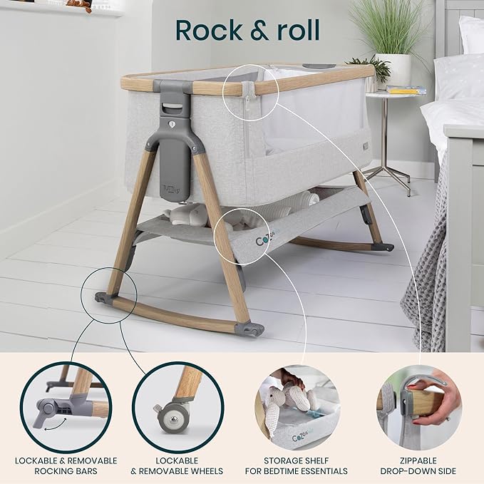 Tutti Bambini CoZee® Air Baby Bassinet & Bedside Sleeper - Rocking Bassinet for Baby, Fast-Folding with Travel Bag, Deluxe Airflow Mattress & 6 Mattress Heights, 0-6 Months (Silver & Oak)