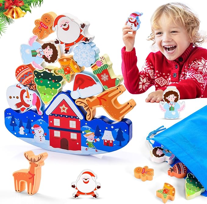 Christmas Kids Gifts Stacking Toys for Kid 3-10 Stocking Stuffers for 4 5 6 7 8 9 10 Year Old Grandkids Girls Boys Wooden Blocks Toy Balance Competition Game Birthday Gift for Kid Ages 5-7