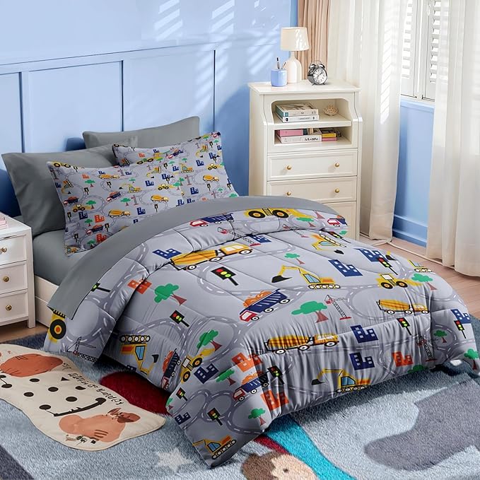 Nesker 4 Pcs Comforter Set Toddler Size, Construction Vehicles Car Bedding for Kids Teen, Town Tree Truck Bedding Set with Pillowcase & Sham