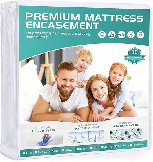 54“x75“ Full Size Mattress Protector Waterproof Fits 6-9" Deep, Zippered WINKAURA Mattress Pad Cover with Breathable Soft Premium Terry Top Fabric