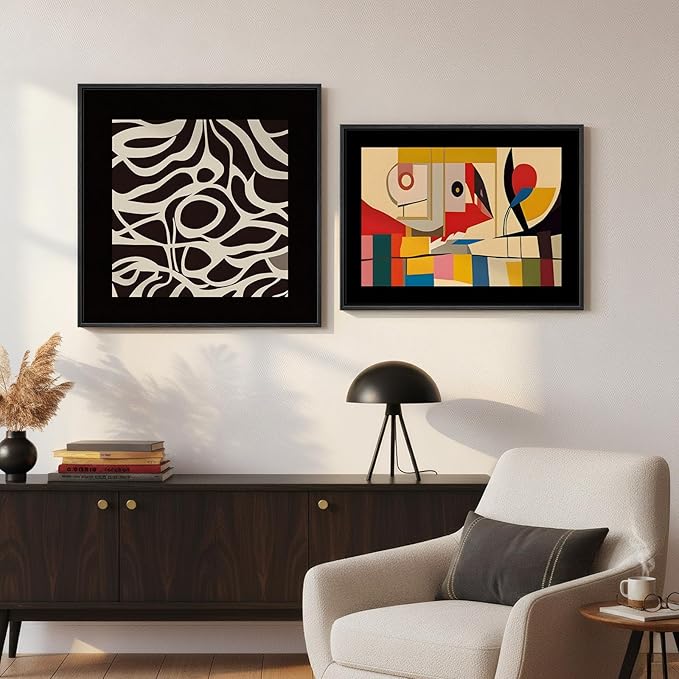 Framed Black Colorful Abstract Bedroom Wall Art, Set of 2 Mid Century Modern Geometric Line Artwork for Walls, Contemporary Canvas Prints for Living Room Hallway Office Wall Decor, 24x24 & 24x18 Inch