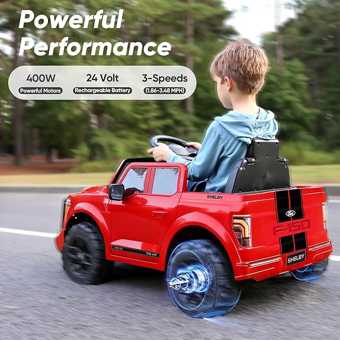 Licensed Ford Shelby F-150 24V Kids Ride on Toy, Electric Car for Kids with Remote Control, 400W Motors - Red