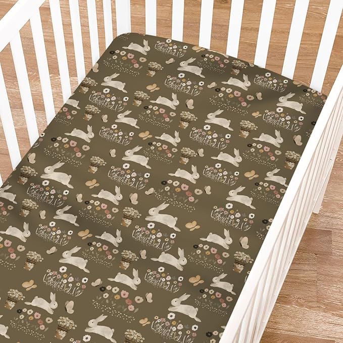 Cute Hopping Bunnies Flowers Fitted Baby Crib Sheets Boy Girl 52"x28" Rabbits Boho Retro Floral Soft Crib Mattress Covers Spring Garden Easter Baby Sheets for Standard Crib and Toddler Bed Mattress