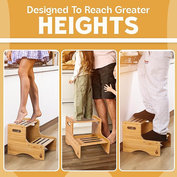 HUOLI Wooden Kids Step Stool | 13" W by 12" H - 300LB Capacity | Kids Stool & Toddler Stool for Bathroom is Lightweight, Anti-Slip, Easy Assembly with Smooth Rounded Edges, Bamboo Step Stool