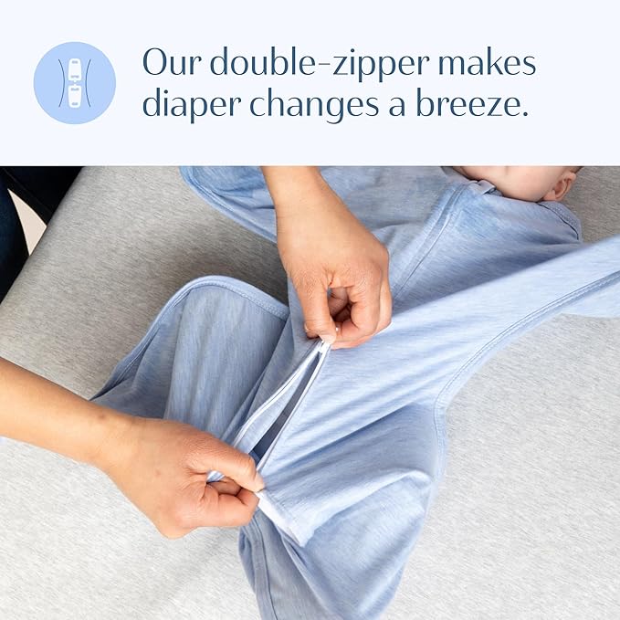 SleepingBaby Zipadee-Zip Transition Swaddle - Cozy Baby Swaddling Blanket with Zipper Convenience - Roomy Wearable Blanket for Easy Diaper Changes - 3-6 Month - Baseline Blue Heather