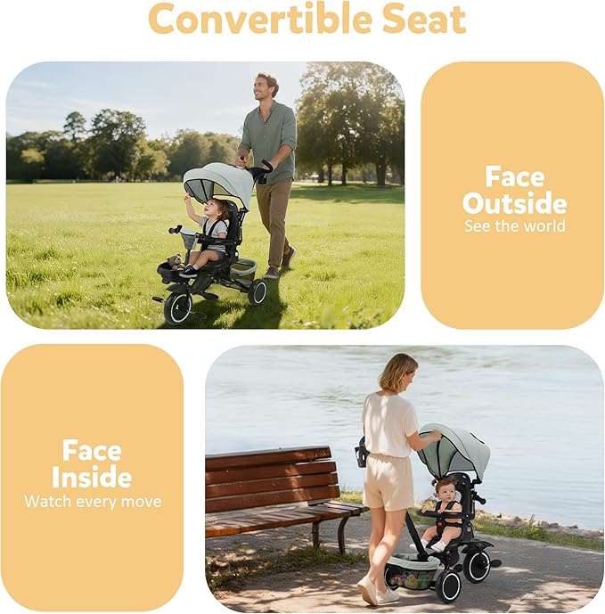 Folding Kids Tricycle, 8 in 1 Baby Trike W/Removable & Adjustable Canopy, Parent Handle, 5-Piont Safety Harness, Toddler Bike Stroller for Kids 1-6 Years, EVA Wheels, Storage Basket, Green
