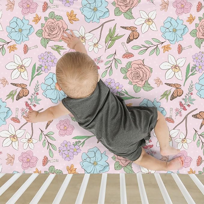 Vintage Wildflowers Baby Crib Sheets for Boy Girl 28"x52" Pink Floral Leaves Mushroom Butterflies Soft Snug Fitted Crib Mattress Cover Spring Garden Baby Sheet for Standard Crib and Toddler Mattress
