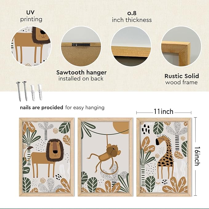 YWJKWLGS Kids Safari Animal Wall Art Set of 3 - Cartoon Lion Monkey Giraffe Prints - 11x16 inch Wood Framed Nursery Decor for Baby/Toddler Room - Boho Jungle Theme Kids Room Wall Decor (Wood)