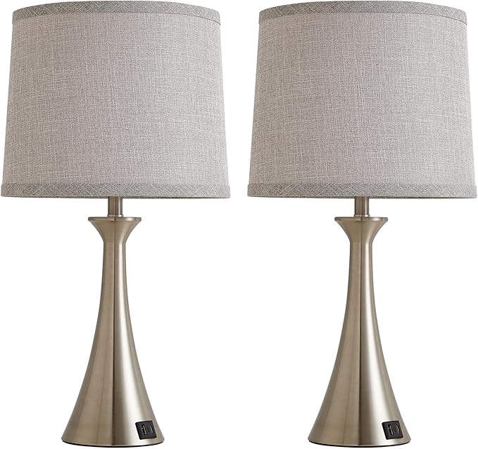 Hikczc Touch Lamp for Living Room Bedroom, 21" Table Lamps Set of 2 with USB C+A Ports and Grey Lamp Shades, Touch Bedside Lamps for Nightstand with 3 Way Dimmable, 2 LED Bulbs Included, Silver